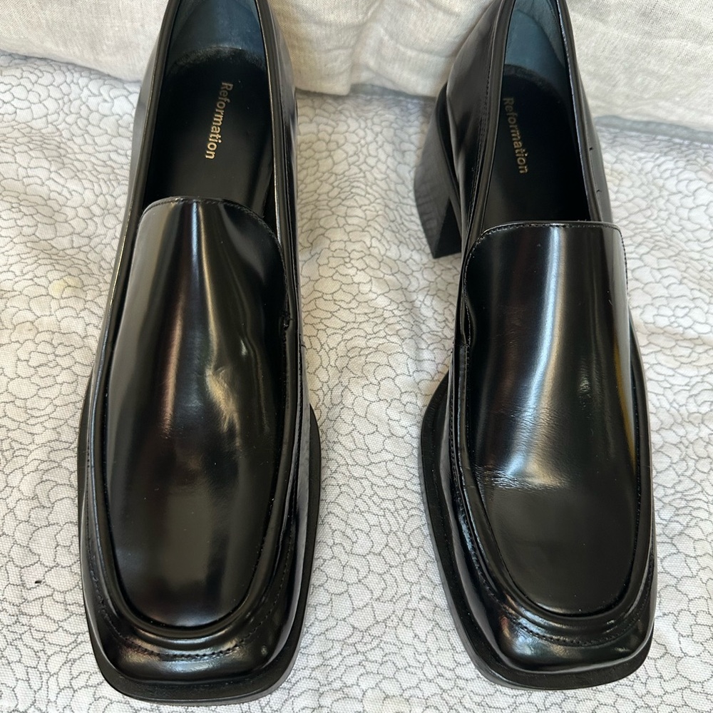 Reformation Black Flats Polished Leather Slip-On